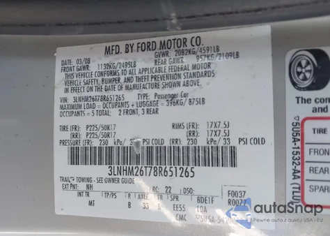 2008 Lincoln Mkz from USA, damaged, VIN 3LNHM26T78R651265